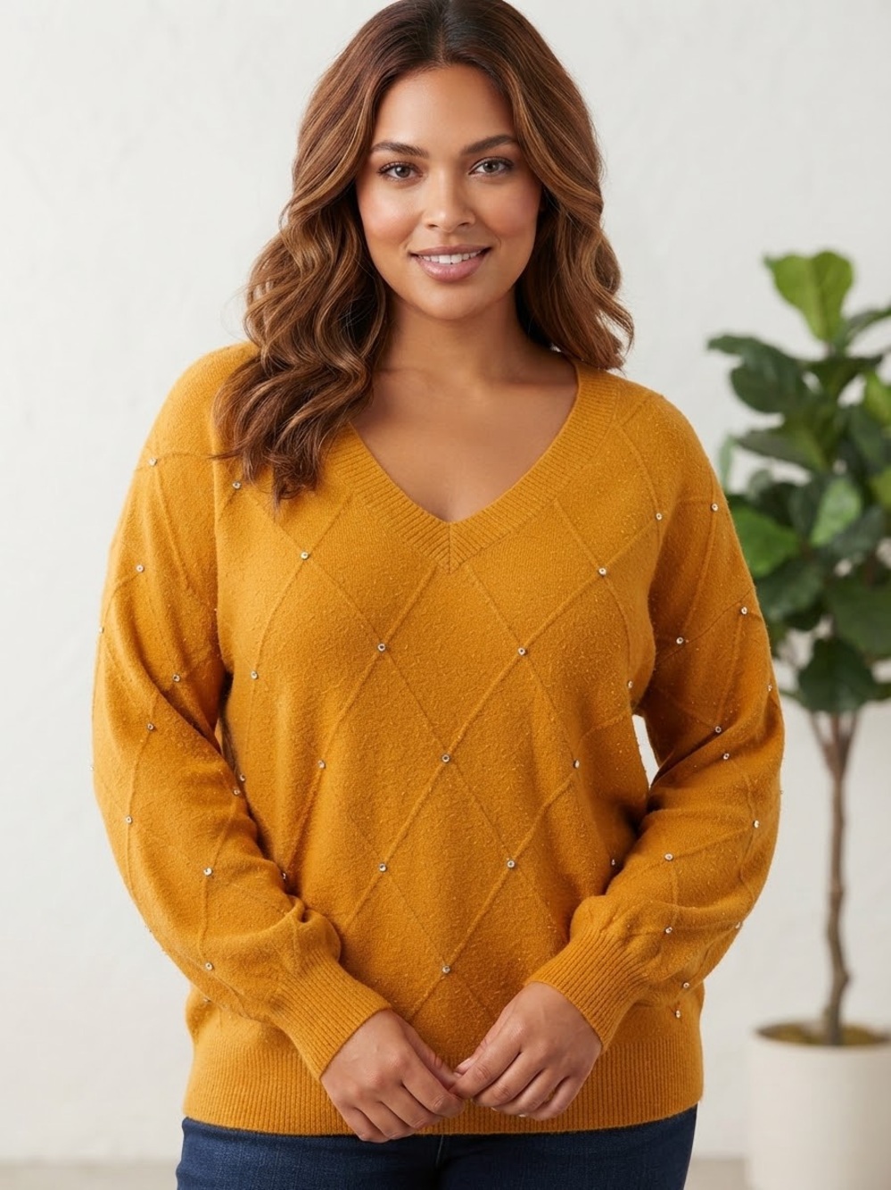 Liz Claiborne Orange V-Neck Beaded Diamond Knit Sweater